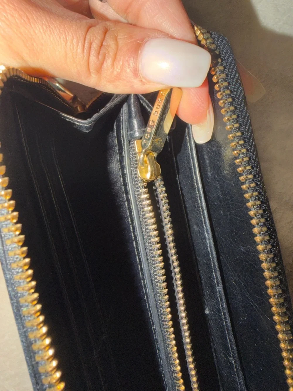 Tory Burch Black Leather Zip-Around Wallet with Gold Logo